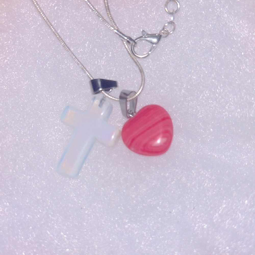 Boho hippie Opal Cross and Agate Heart Sterling Silver 16” Necklace